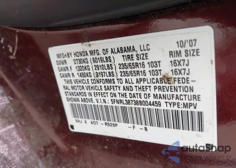 2008 Honda Odyssey Ex-L из США, поврежденный, VIN 5FNRL38738B004459